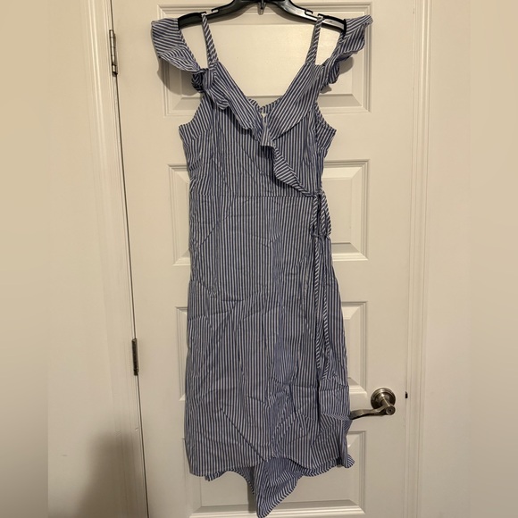 BP Blue and White Striped Asymmetrical Dress, Cold Shoulder Size Medium Like New - Picture 1 of 5